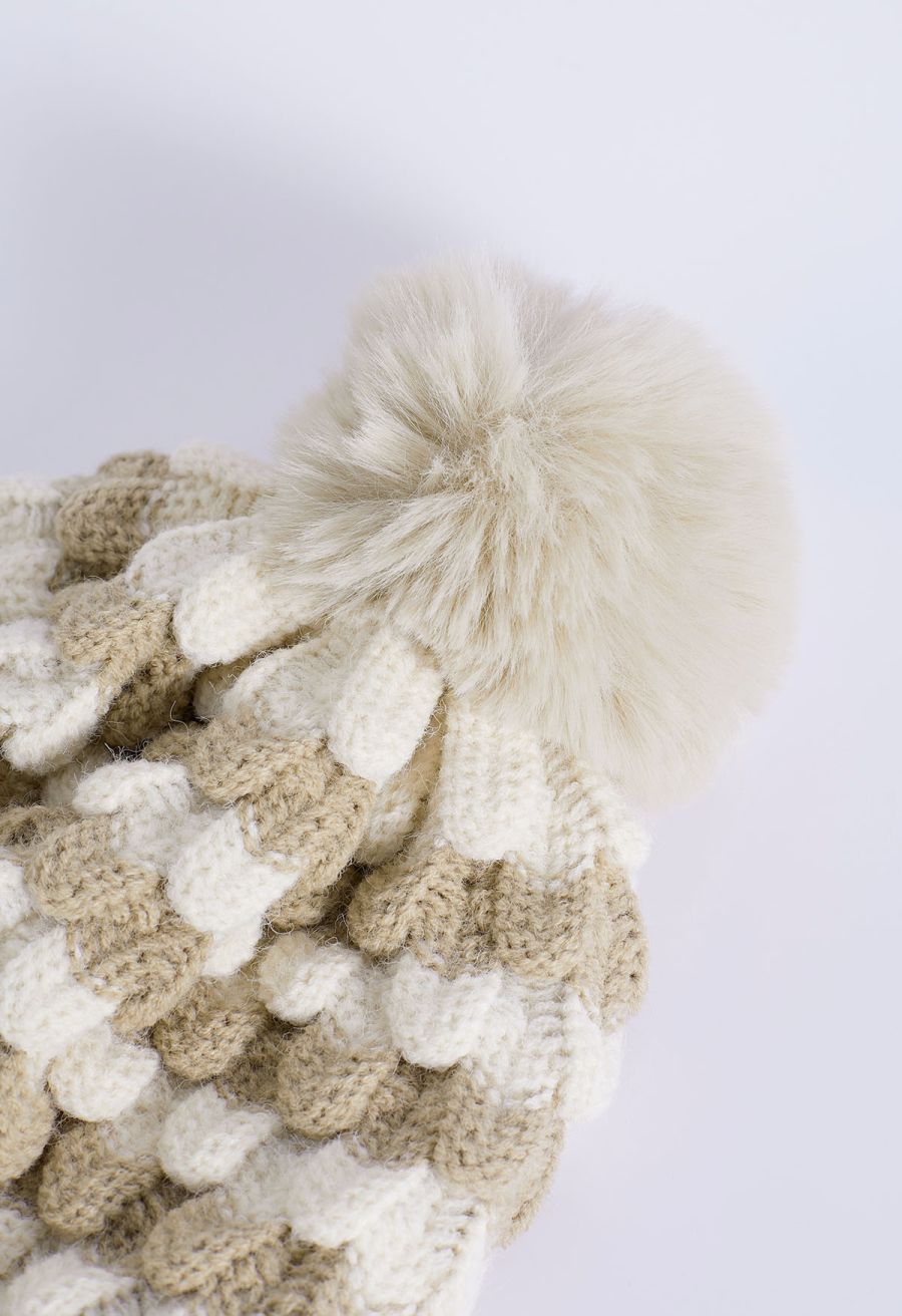 Color Block Pom-Pom Beanie Hat in Ivory