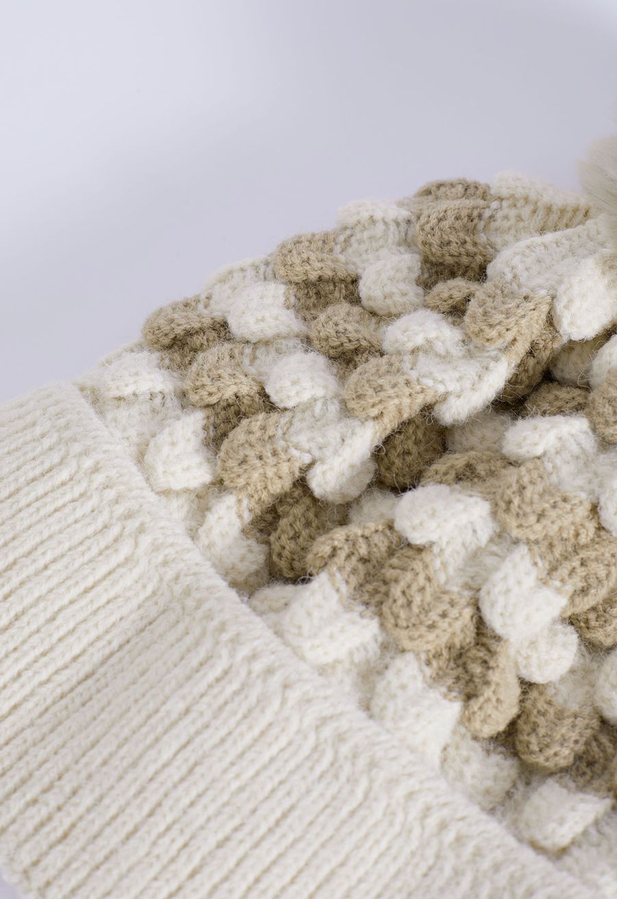 Color Block Pom-Pom Beanie Hat in Ivory