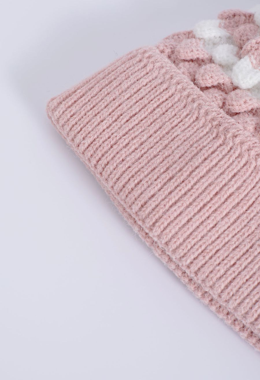 Color Block Pom-Pom Beanie Hat in Pink
