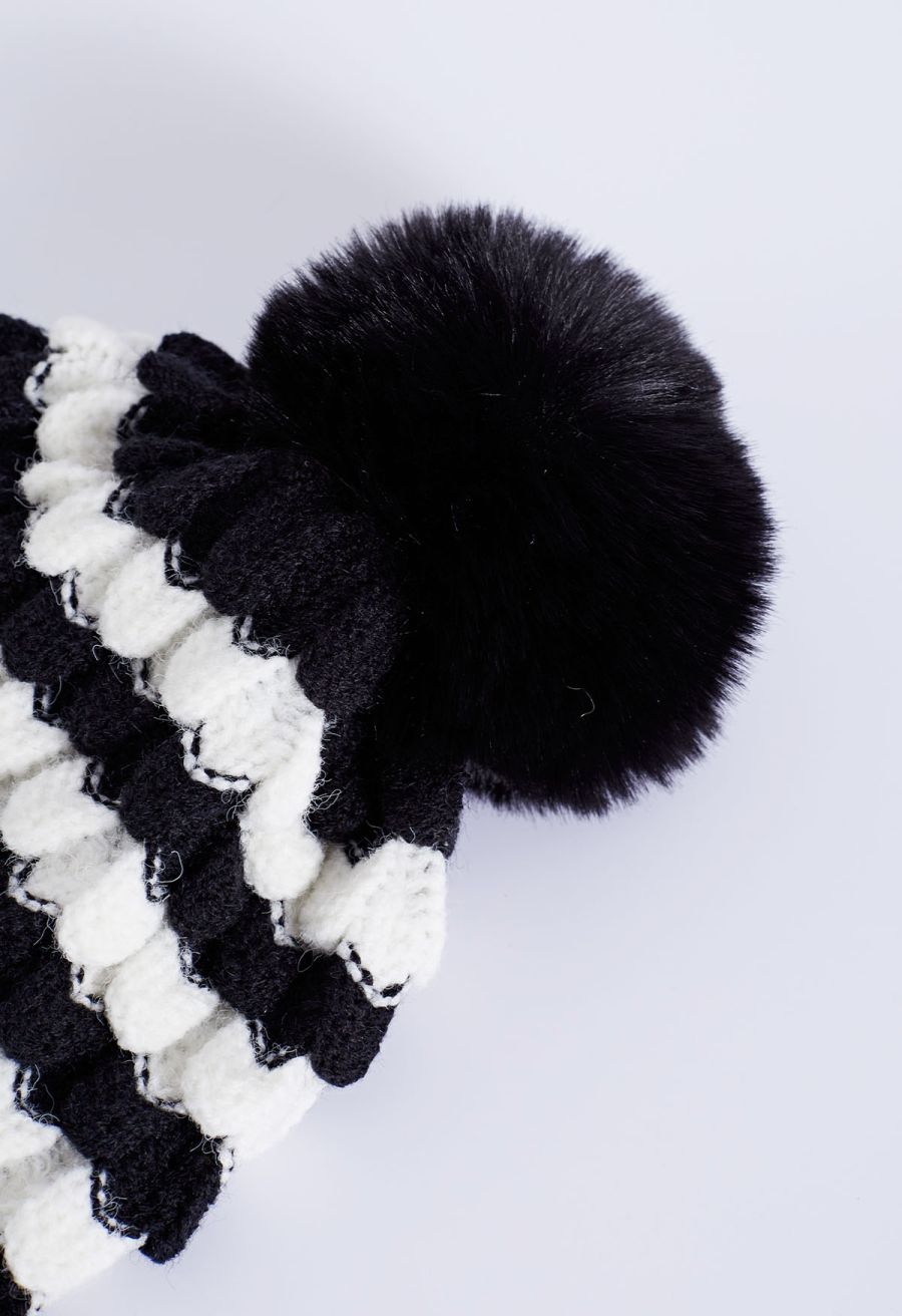 Color Block Pom-Pom Beanie Hat in Black