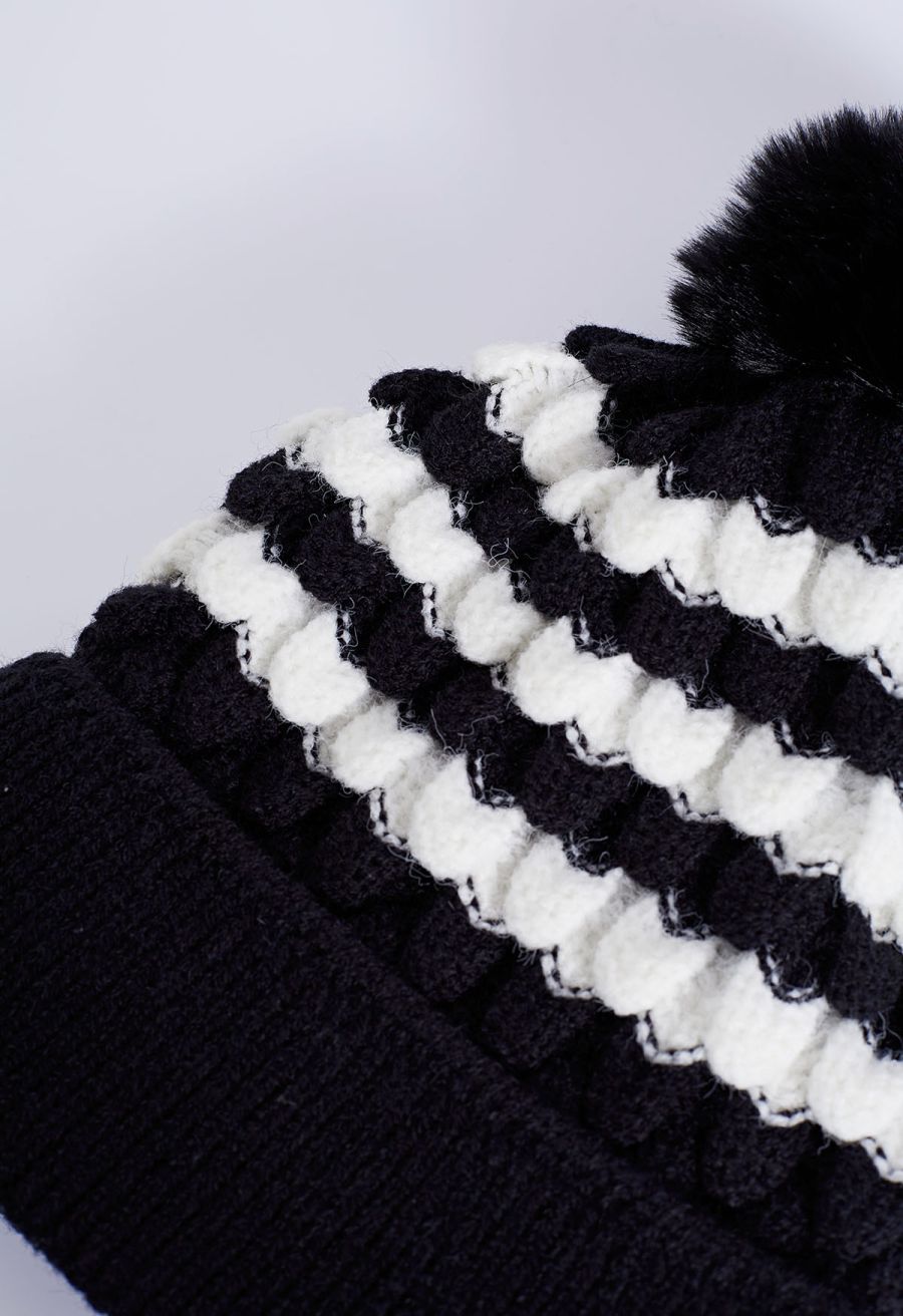Color Block Pom-Pom Beanie Hat in Black