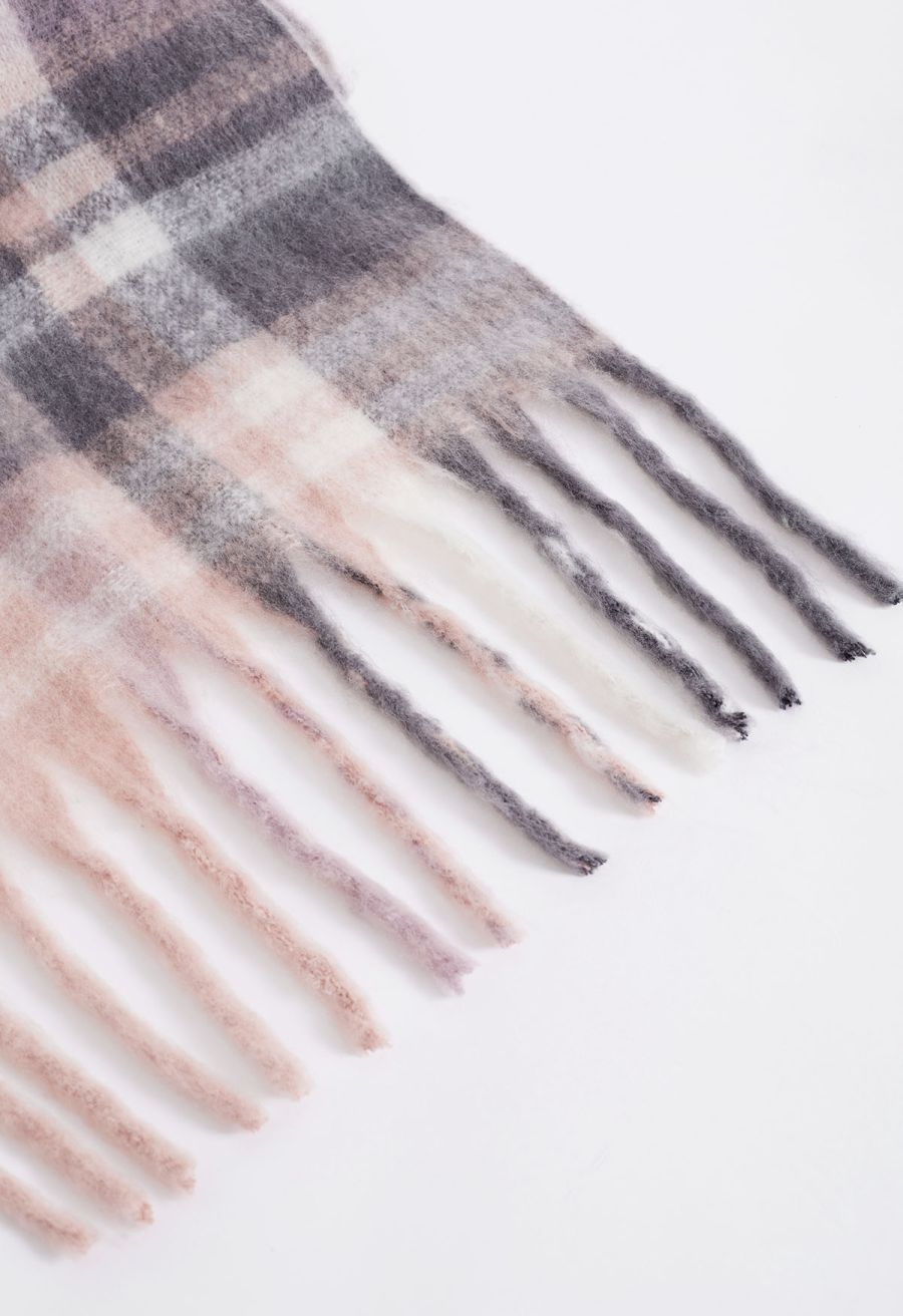 Fuzzy Mohair Plaid Pattern Scarf in Pink
