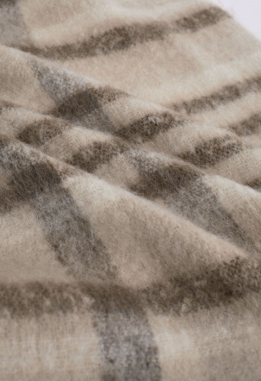 Fuzzy Mohair Plaid Pattern Scarf in Cream