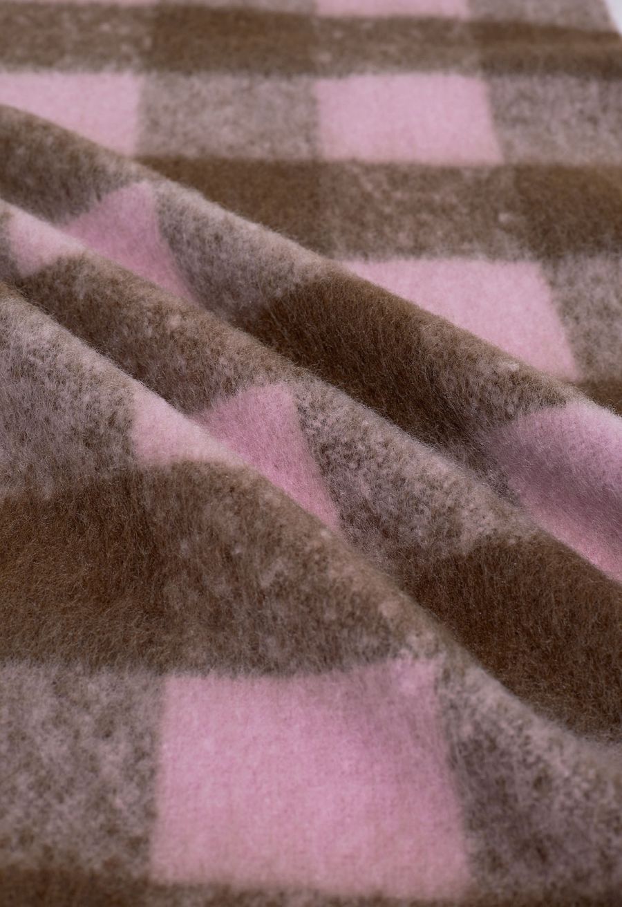 Fuzzy Check Pattern Tassel Scarf in Pink