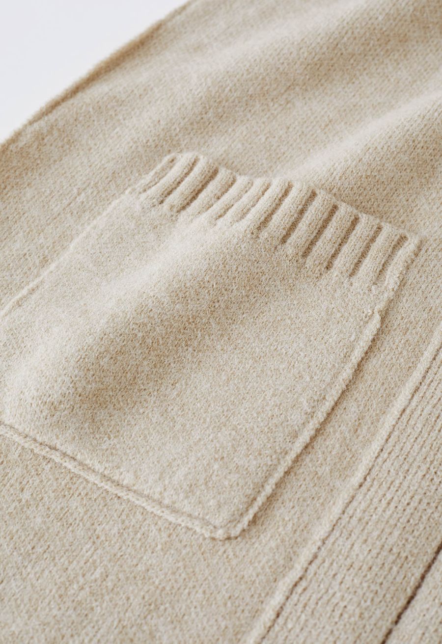 Casual Open Front Oversized Knit Cardigan with Pockets in Light Tan