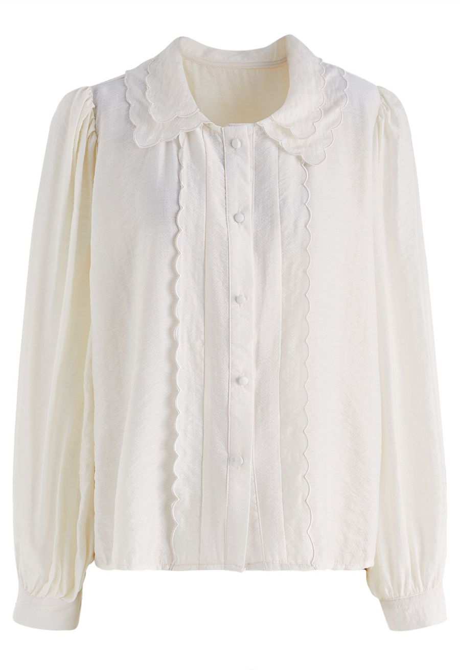 Tiered Scalloped Doll Collar Button Down Shirt in Cream