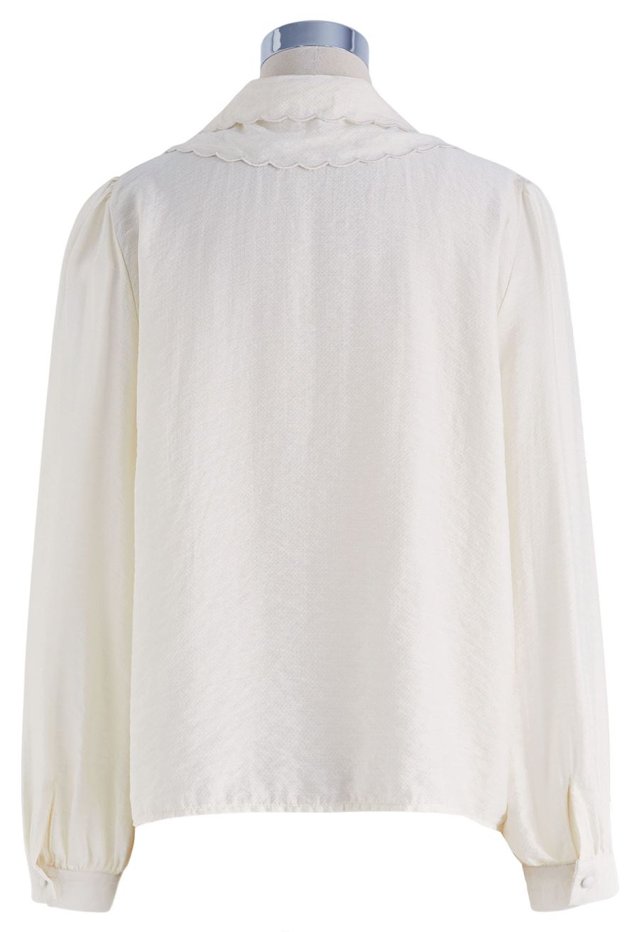 Tiered Scalloped Doll Collar Button Down Shirt in Cream