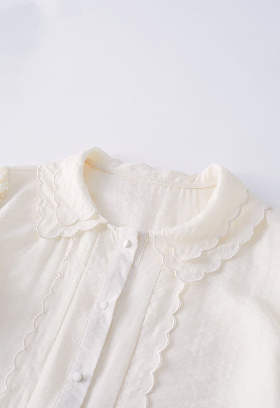 Tiered Scalloped Doll Collar Button Down Shirt in Cream