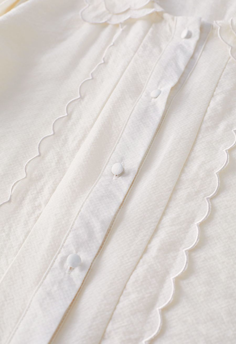 Tiered Scalloped Doll Collar Button Down Shirt in Cream