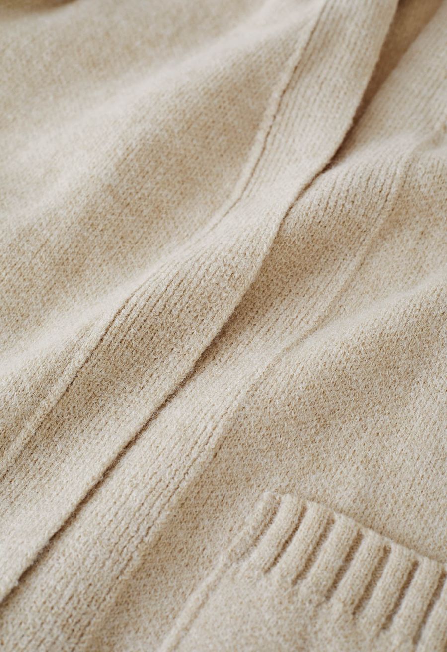 Casual Open Front Oversized Knit Cardigan with Pockets in Light Tan