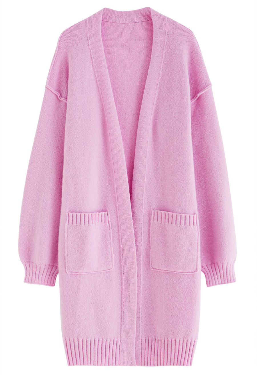 Casual Open Front Oversized Knit Cardigan with Pockets in Pink