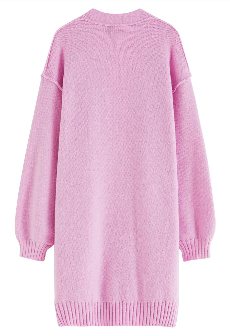 Casual Open Front Oversized Knit Cardigan with Pockets in Pink