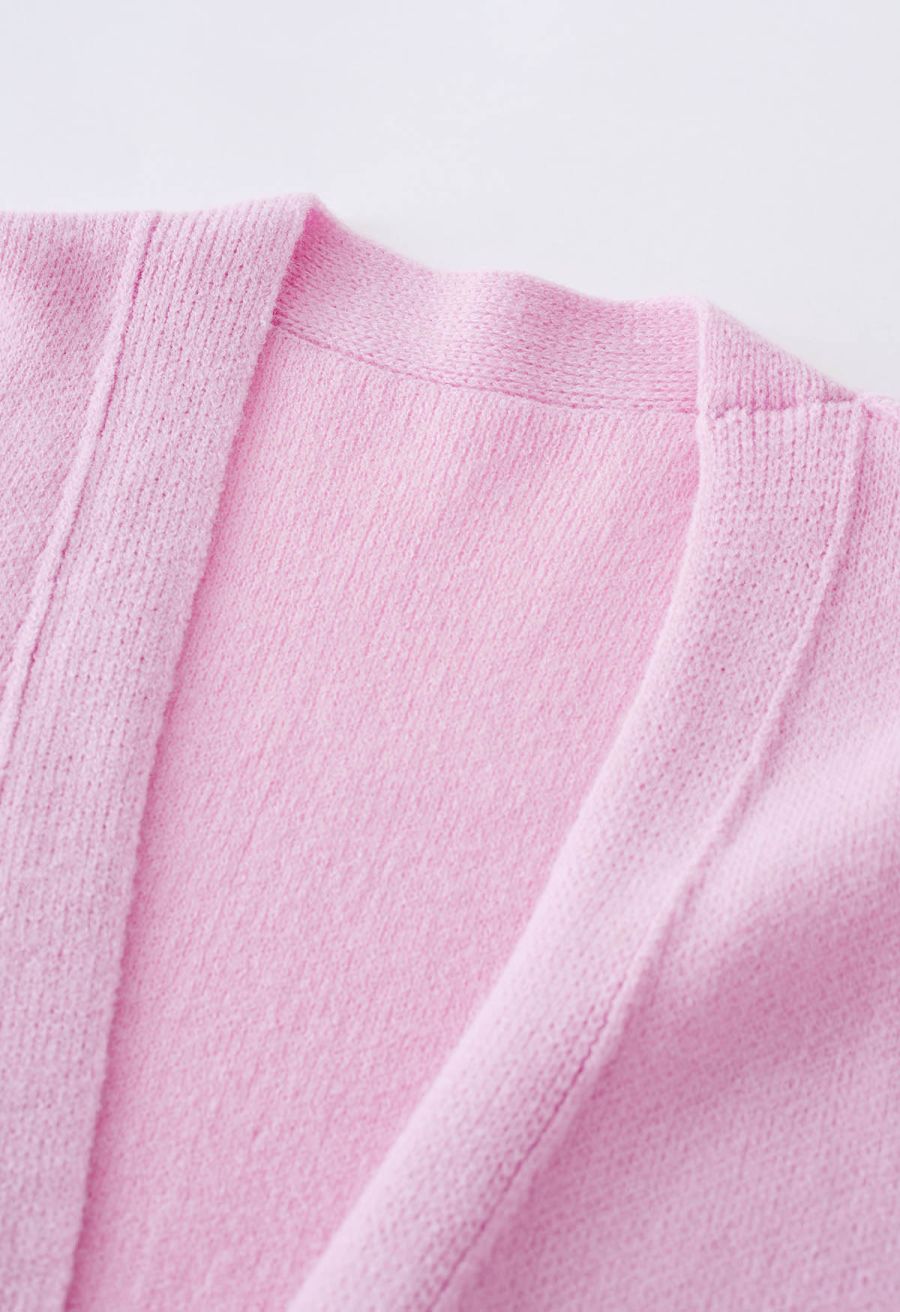 Casual Open Front Oversized Knit Cardigan with Pockets in Pink