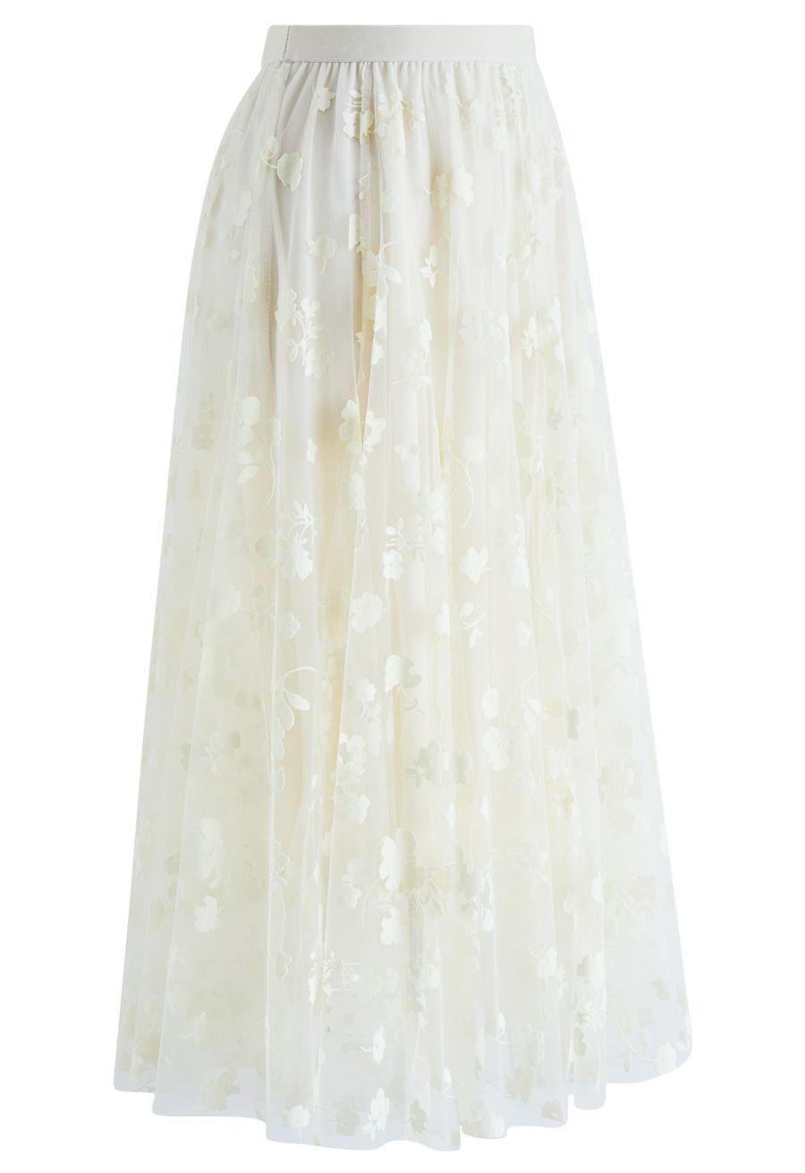 3D Posy Double-Layered Mesh Midi Skirt in Cream