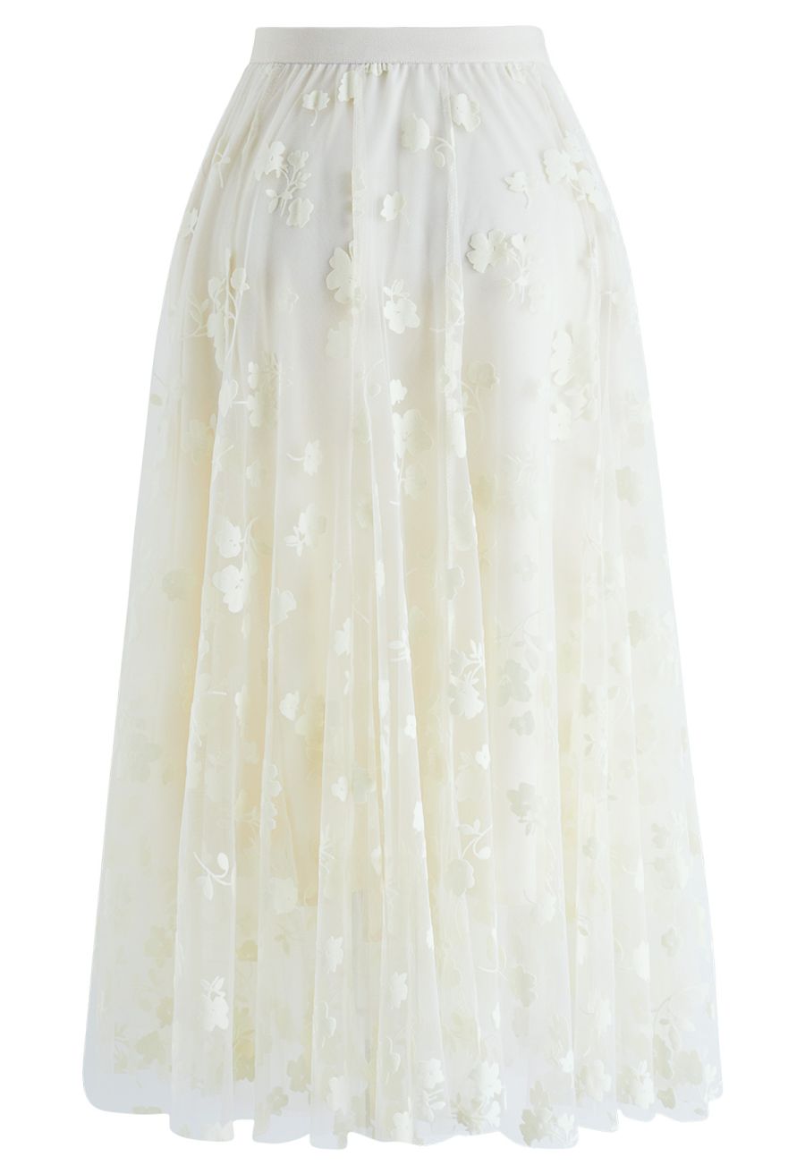 3D Posy Double-Layered Mesh Midi Skirt in Cream