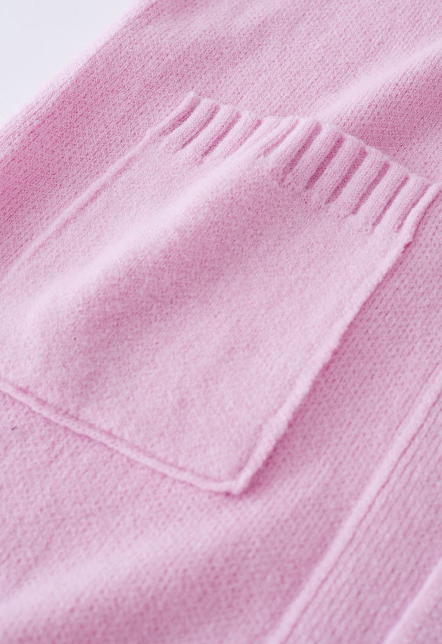 Casual Open Front Oversized Knit Cardigan with Pockets in Pink
