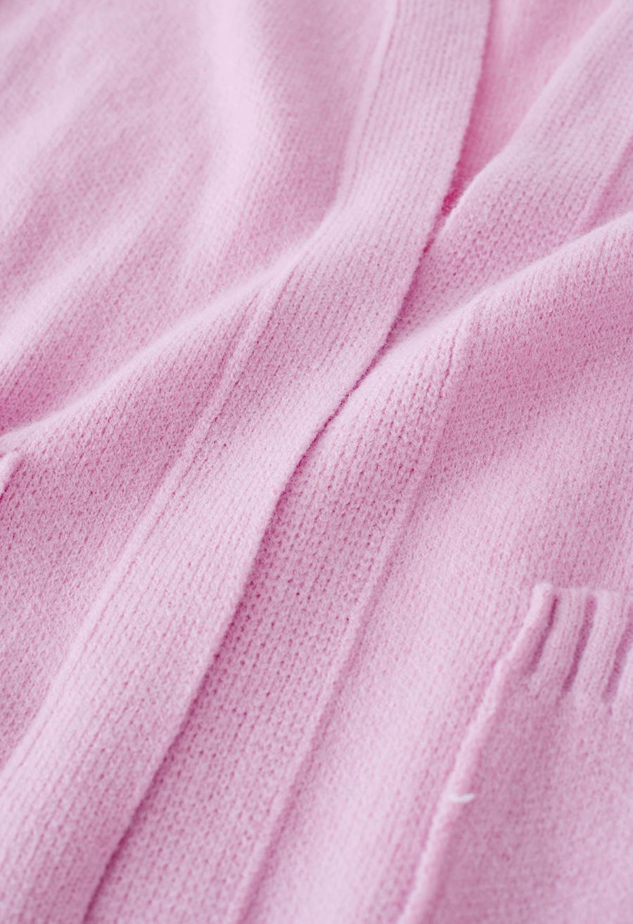 Casual Open Front Oversized Knit Cardigan with Pockets in Pink
