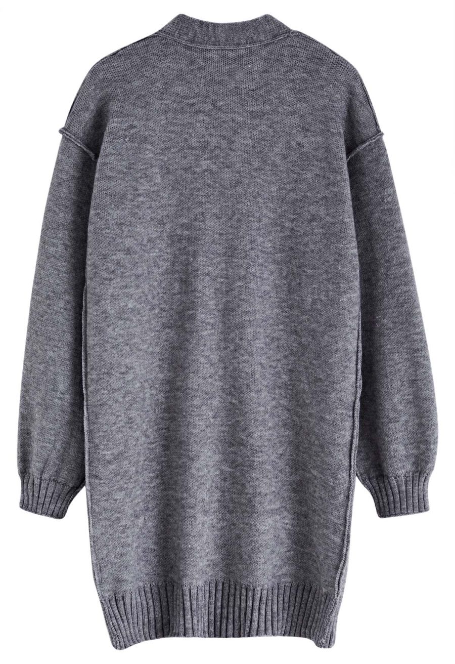 Casual Open Front Oversized Knit Cardigan with Pockets in Grey