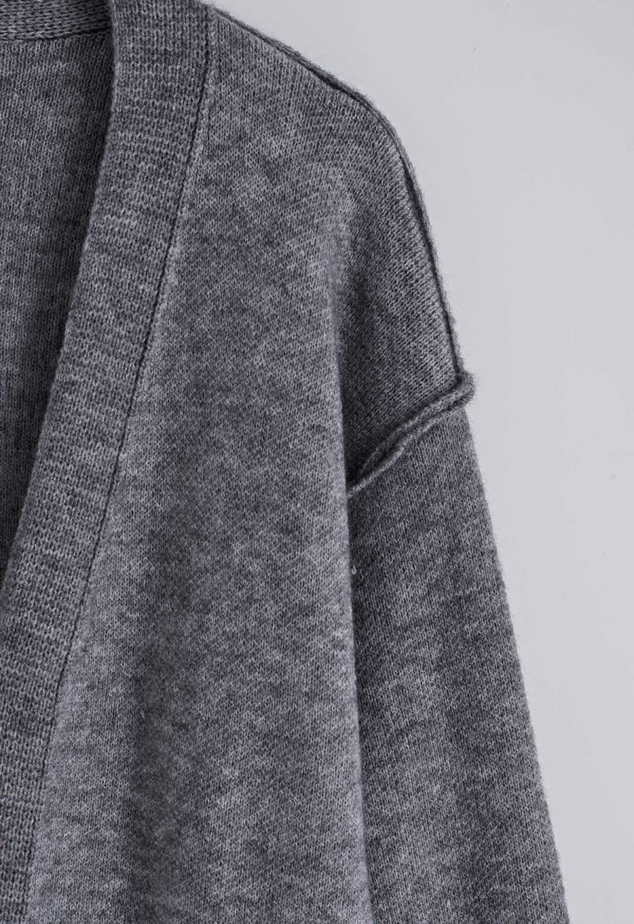 Casual Open Front Oversized Knit Cardigan with Pockets in Grey