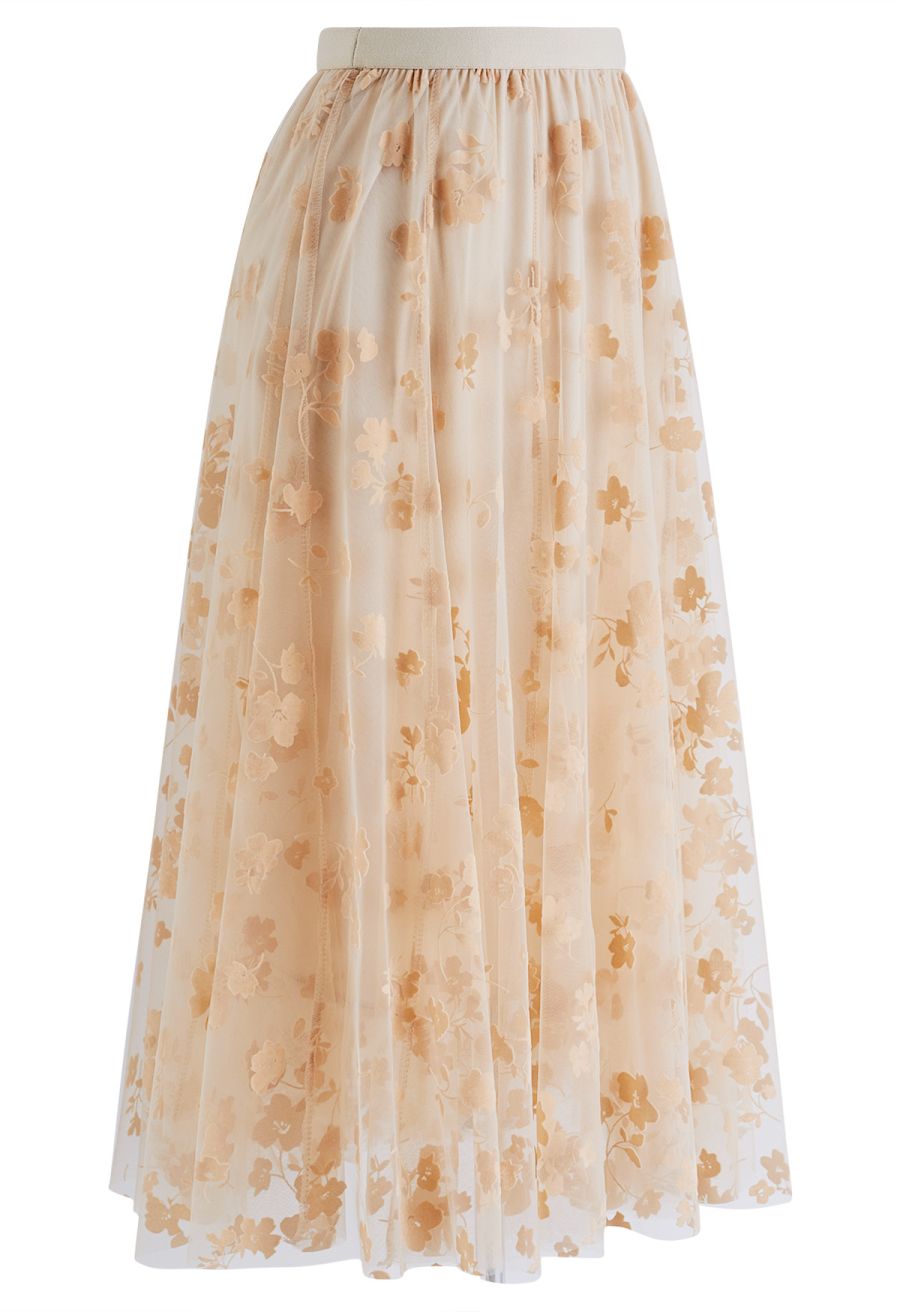 3D Posy Double-Layered Mesh Midi Skirt in Light Tan