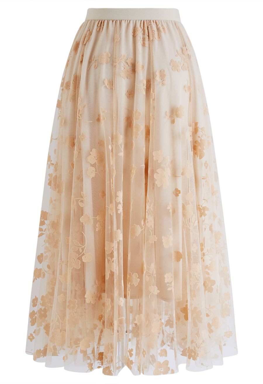 3D Posy Double-Layered Mesh Midi Skirt in Light Tan