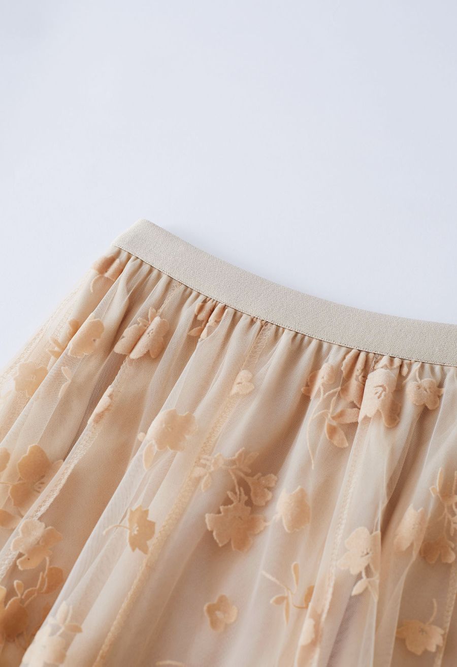 3D Posy Double-Layered Mesh Midi Skirt in Light Tan