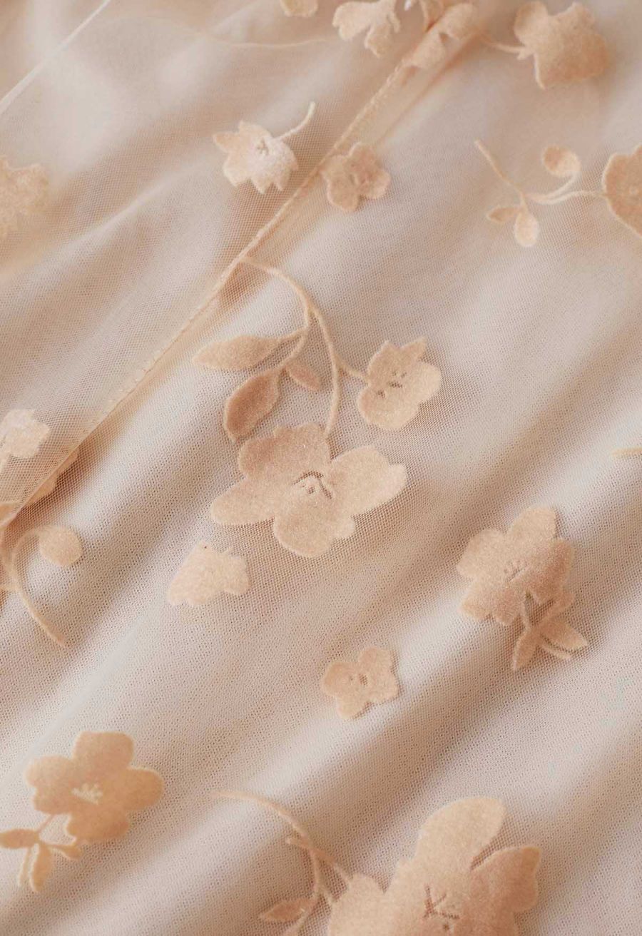 3D Posy Double-Layered Mesh Midi Skirt in Light Tan