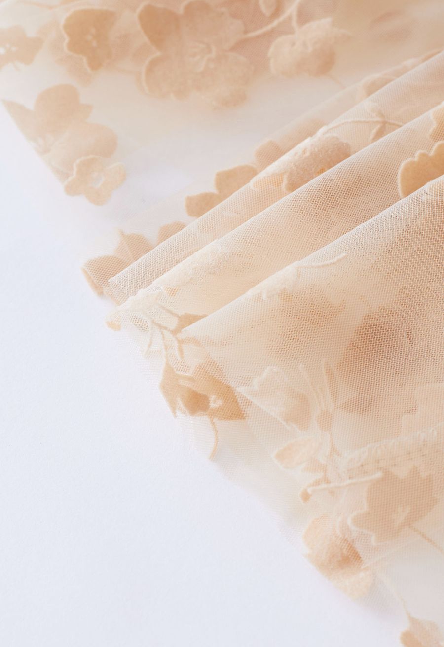 3D Posy Double-Layered Mesh Midi Skirt in Light Tan