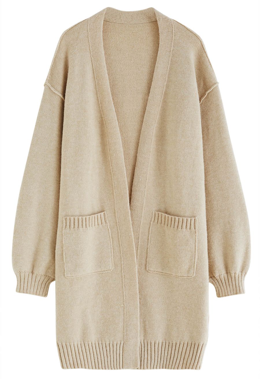 Casual Open Front Oversized Knit Cardigan with Pockets in Light Tan