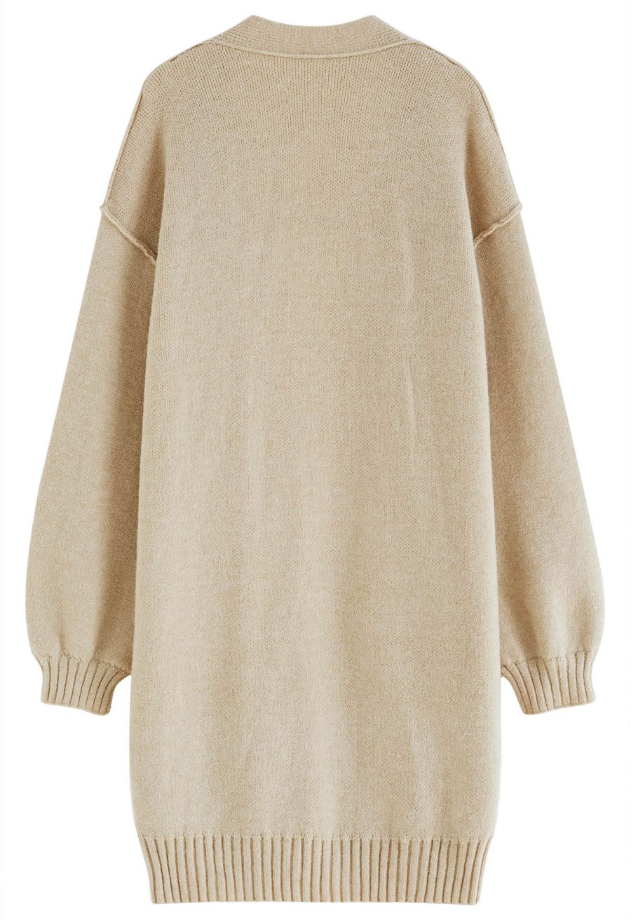 Casual Open Front Oversized Knit Cardigan with Pockets in Light Tan