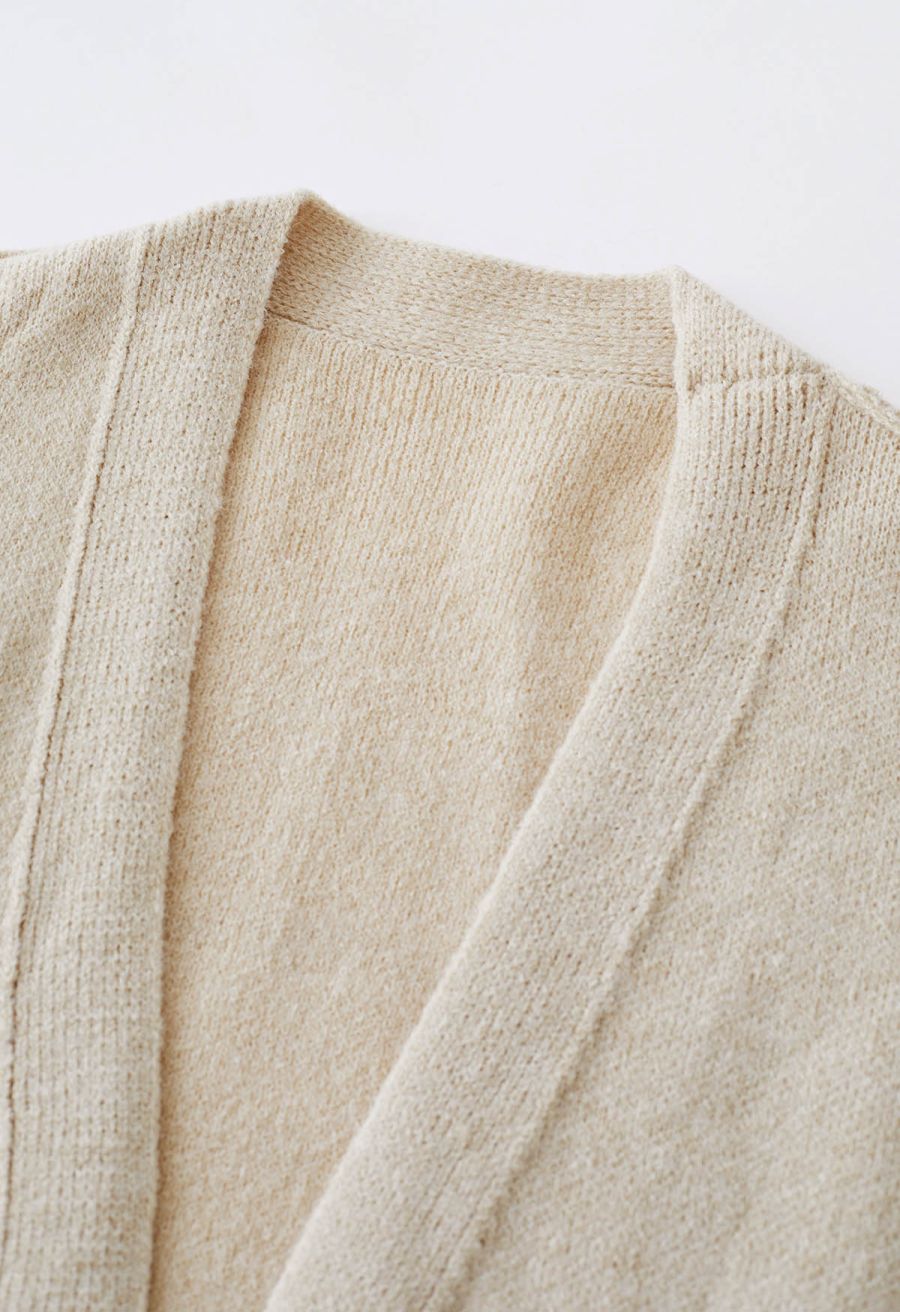 Casual Open Front Oversized Knit Cardigan with Pockets in Light Tan