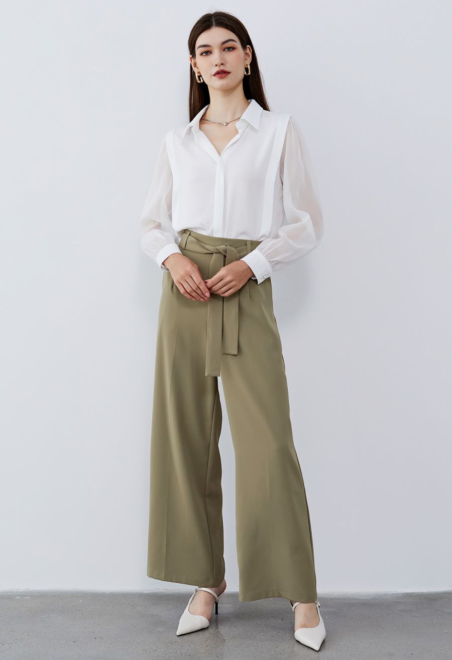 Heart Necklace V-Neck Satin Shirt in White