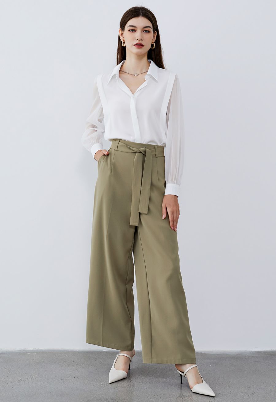 Heart Necklace V-Neck Satin Shirt in White
