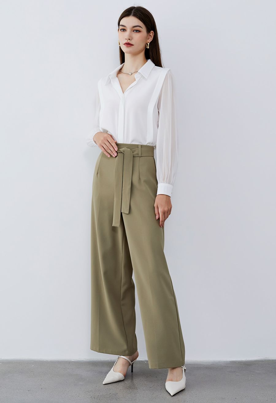 Heart Necklace V-Neck Satin Shirt in White
