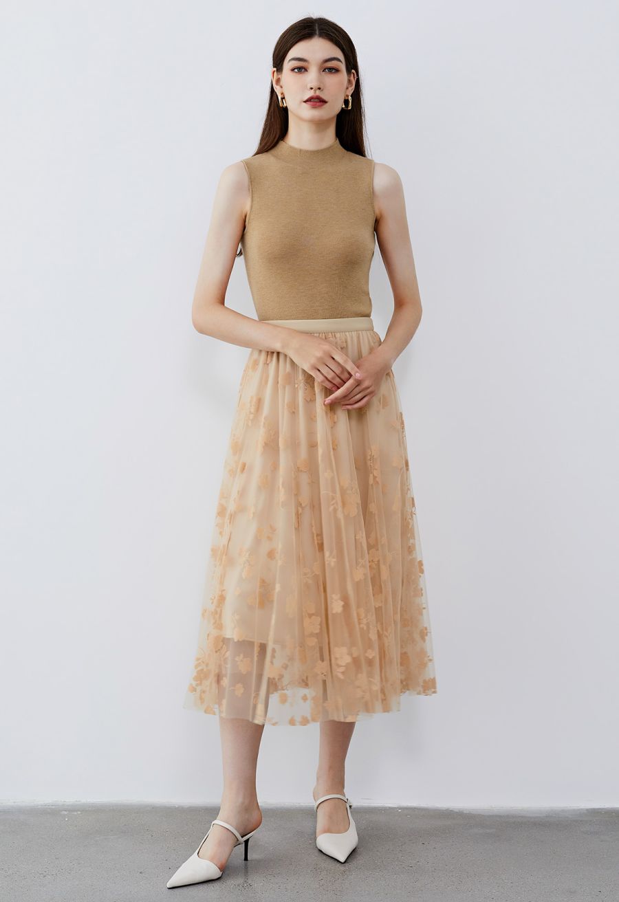 3D Posy Double-Layered Mesh Midi Skirt in Light Tan