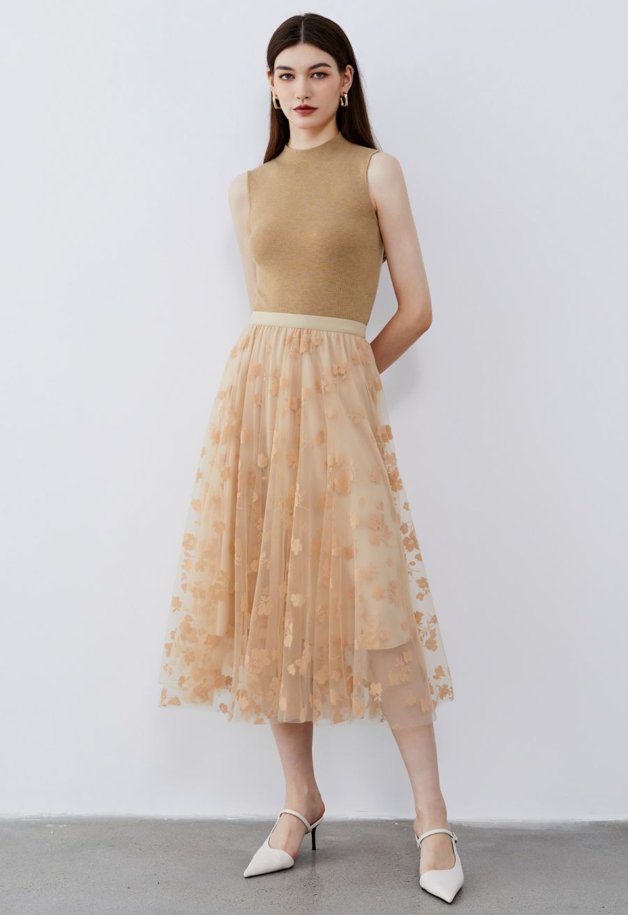 3D Posy Double-Layered Mesh Midi Skirt in Light Tan