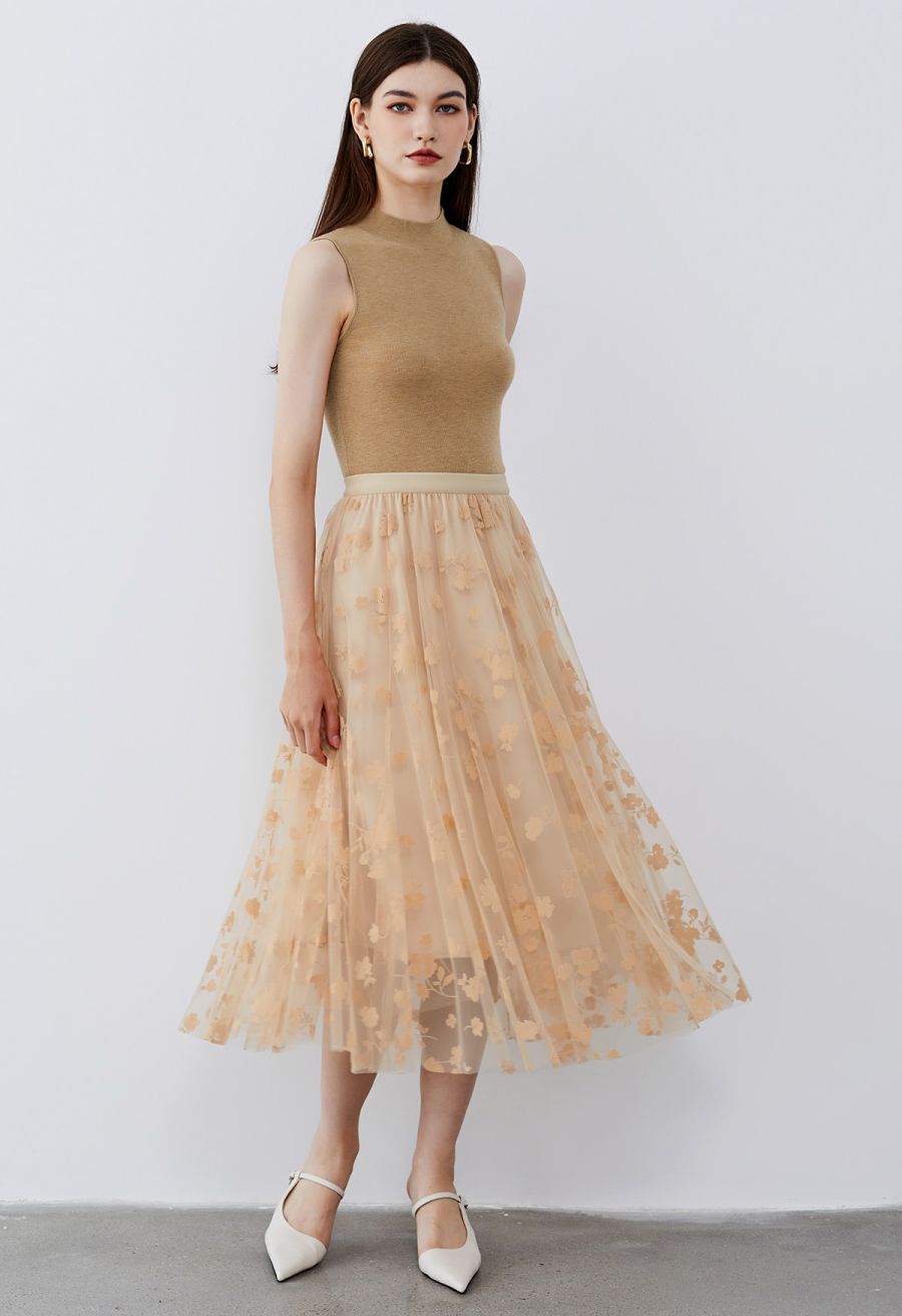 3D Posy Double-Layered Mesh Midi Skirt in Light Tan