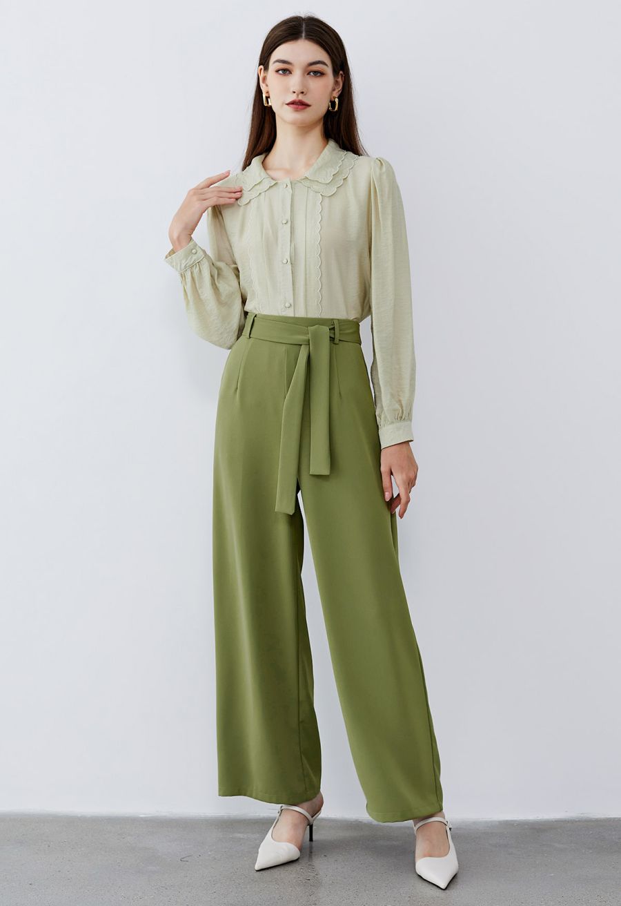 Side-Zip Belted Straight-Leg Pants in Lime