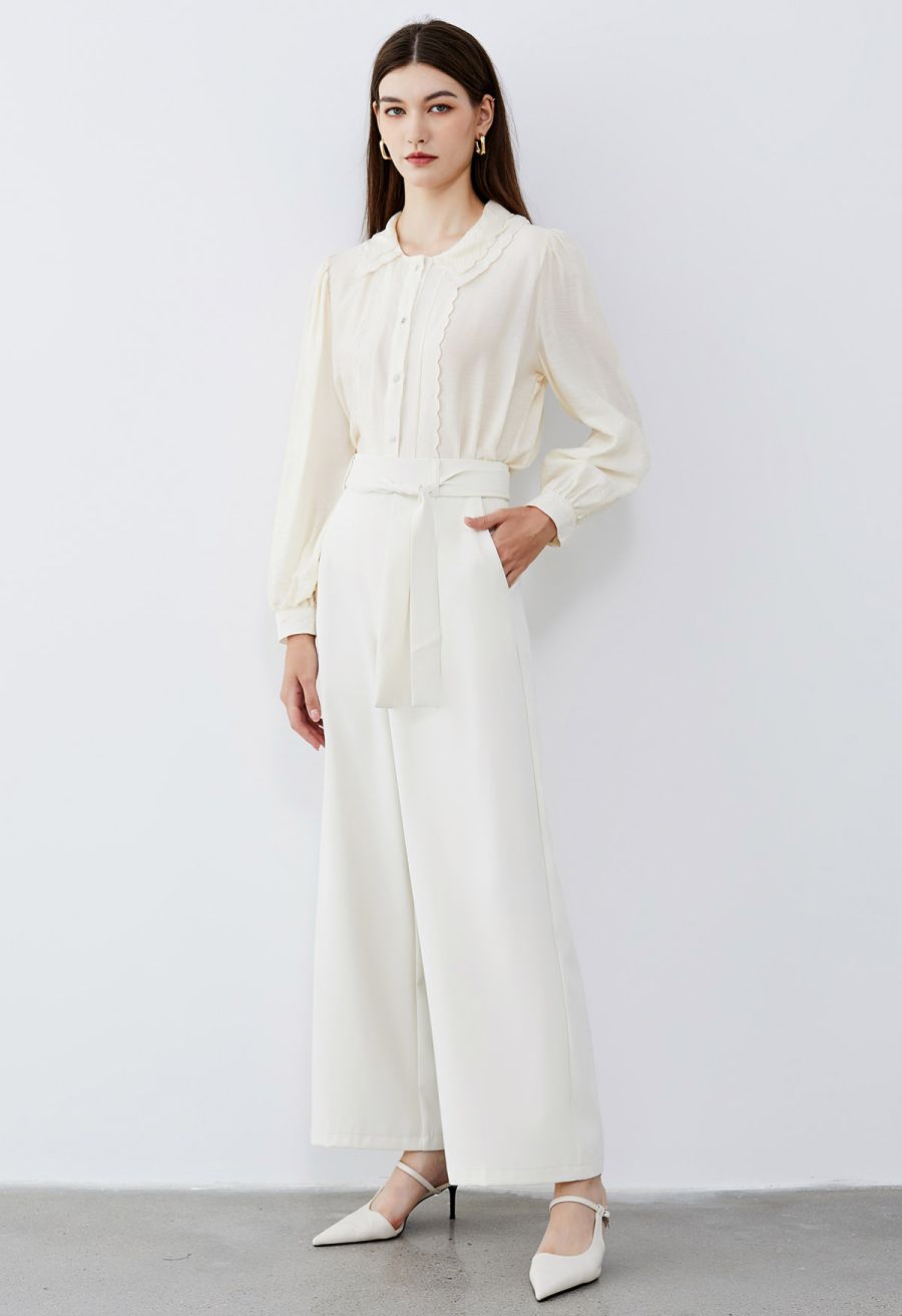 Tiered Scalloped Doll Collar Button Down Shirt in Cream