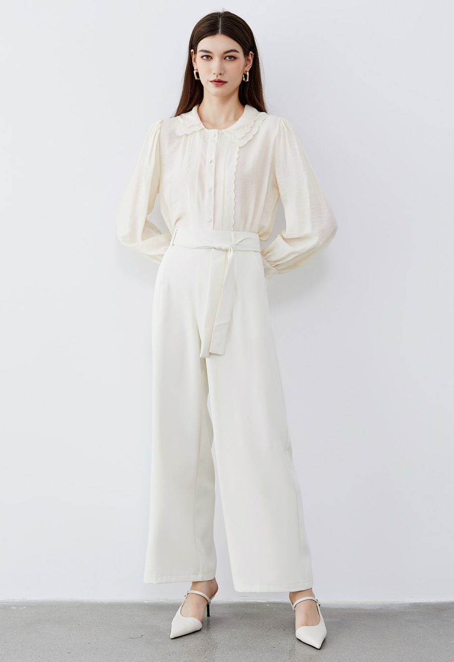 Tiered Scalloped Doll Collar Button Down Shirt in Cream