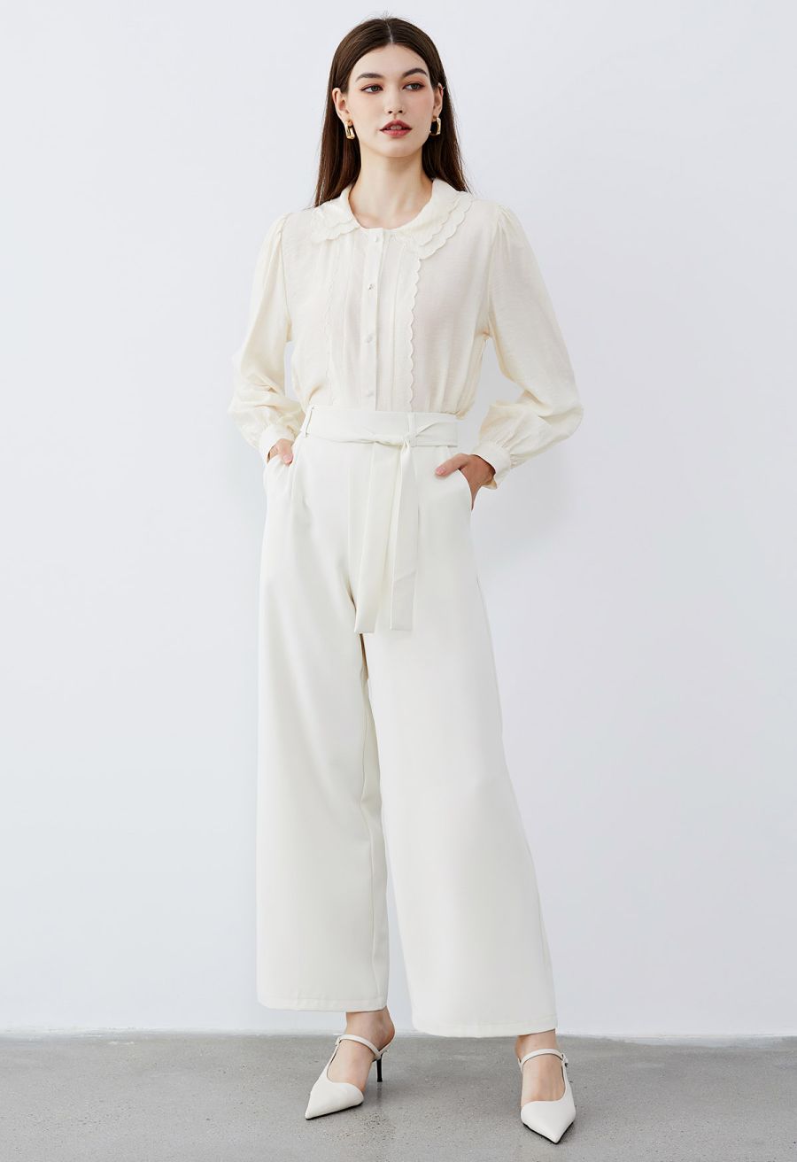 Tiered Scalloped Doll Collar Button Down Shirt in Cream