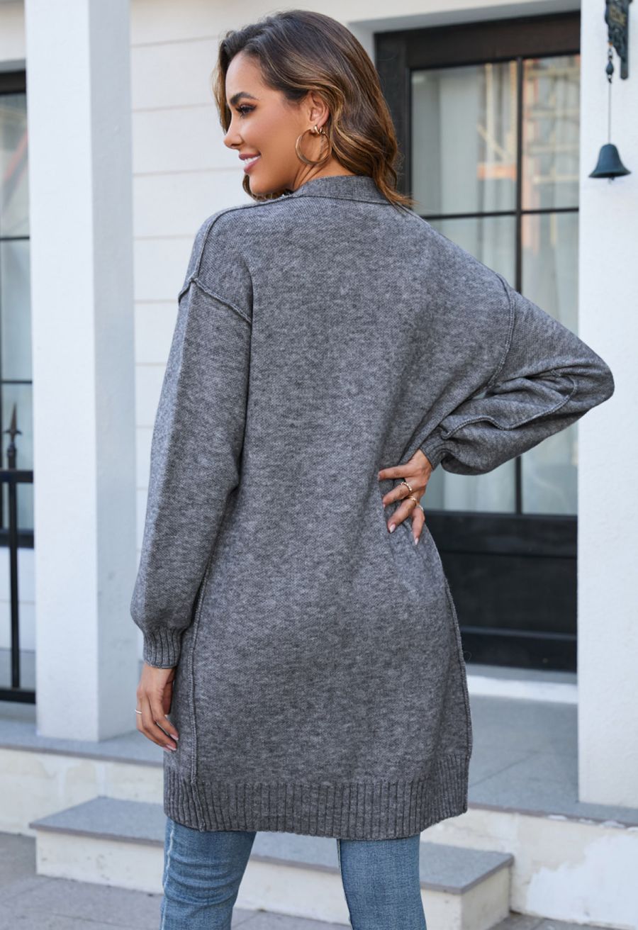Casual Open Front Oversized Knit Cardigan with Pockets in Grey