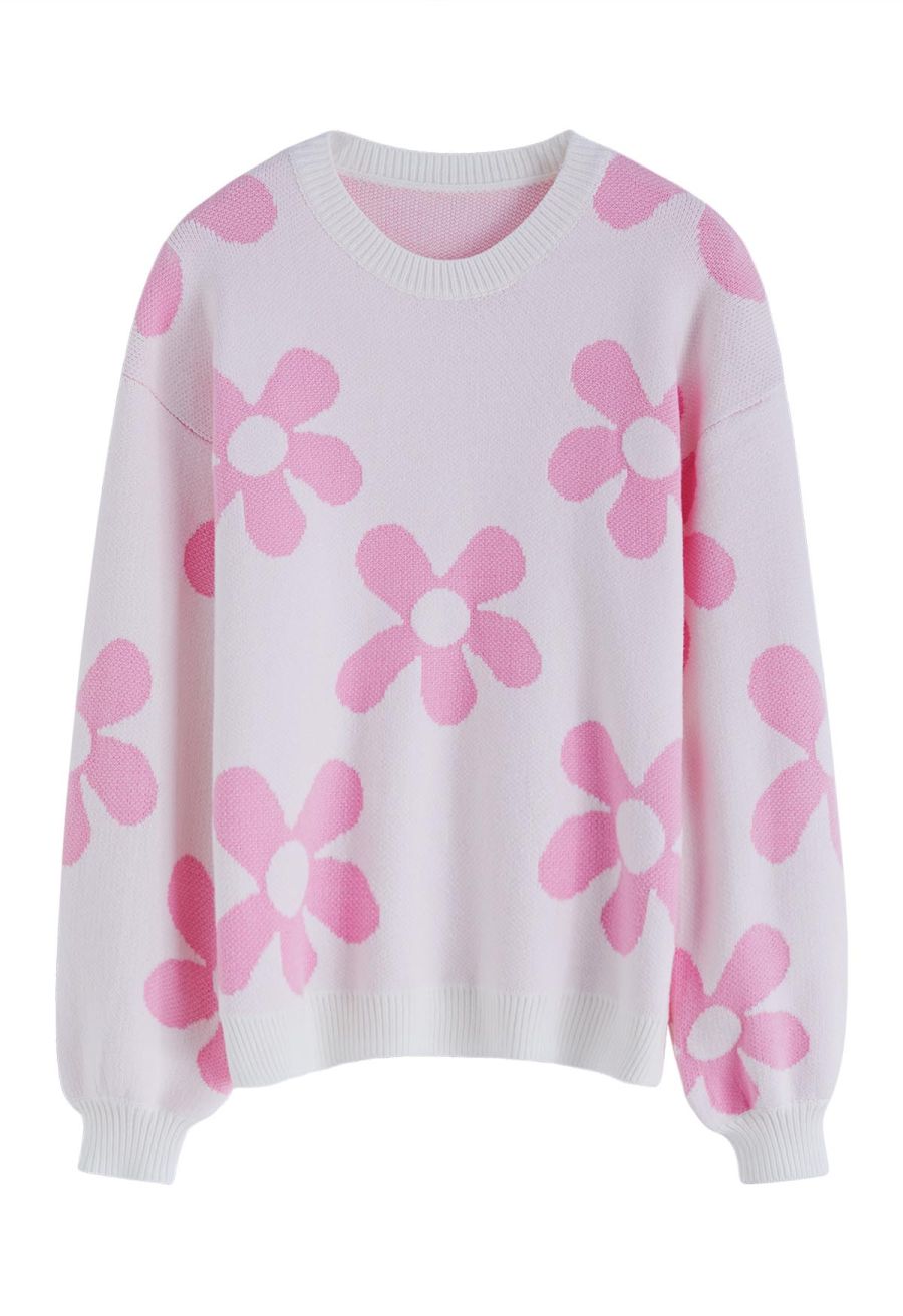 Cuteness Flowers Boxy Round Neck Knit Sweater in Nude Pink