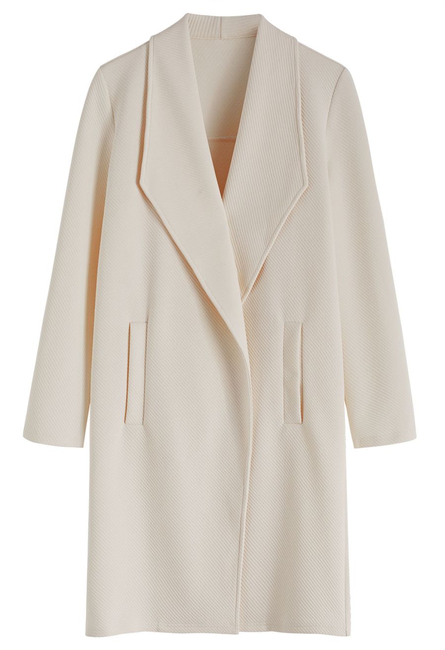 Lapel Open Front Quilted Cotton-Blend Coat in Oatmeal