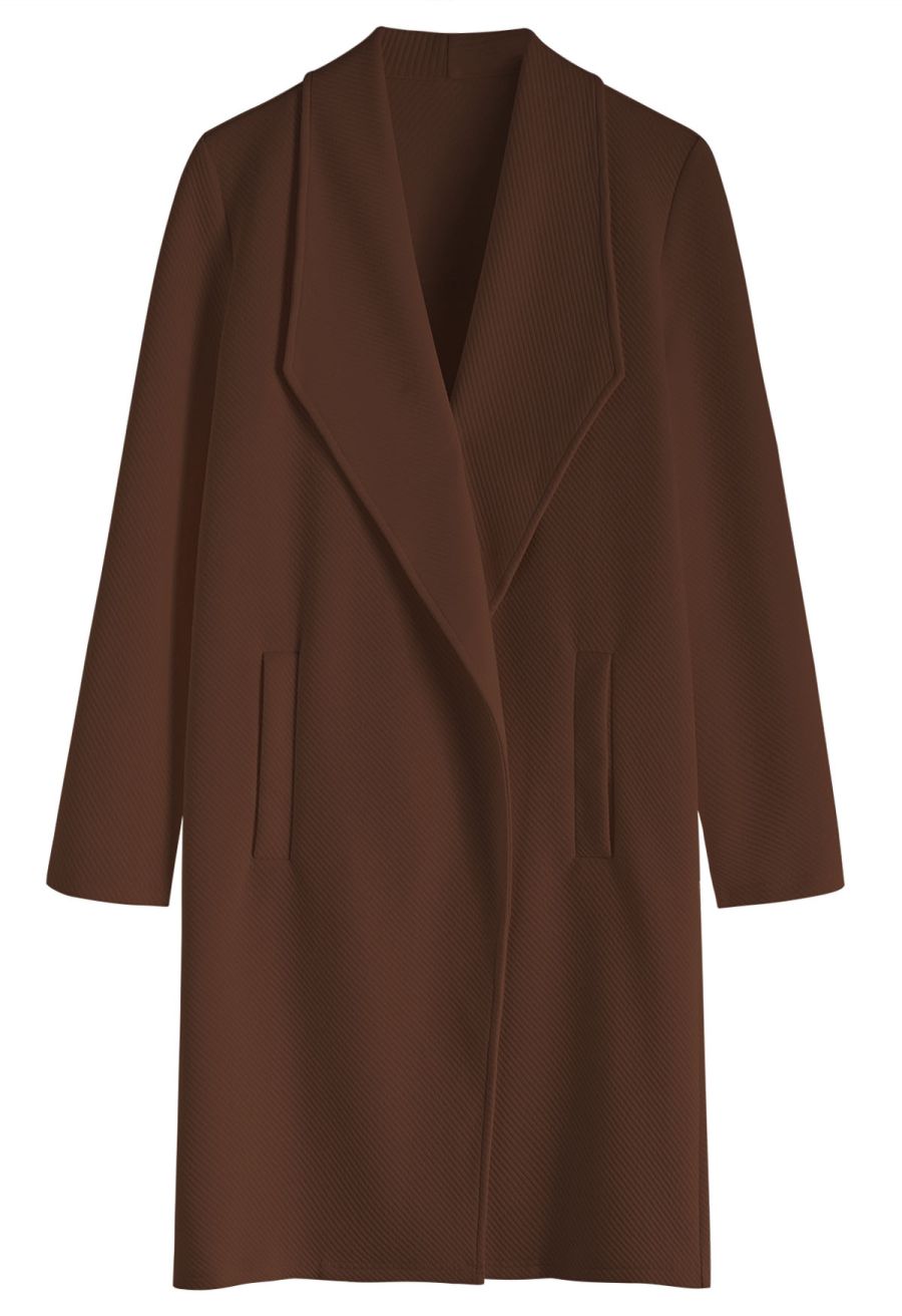 Lapel Open Front Quilted Cotton-Blend Coat in Brown