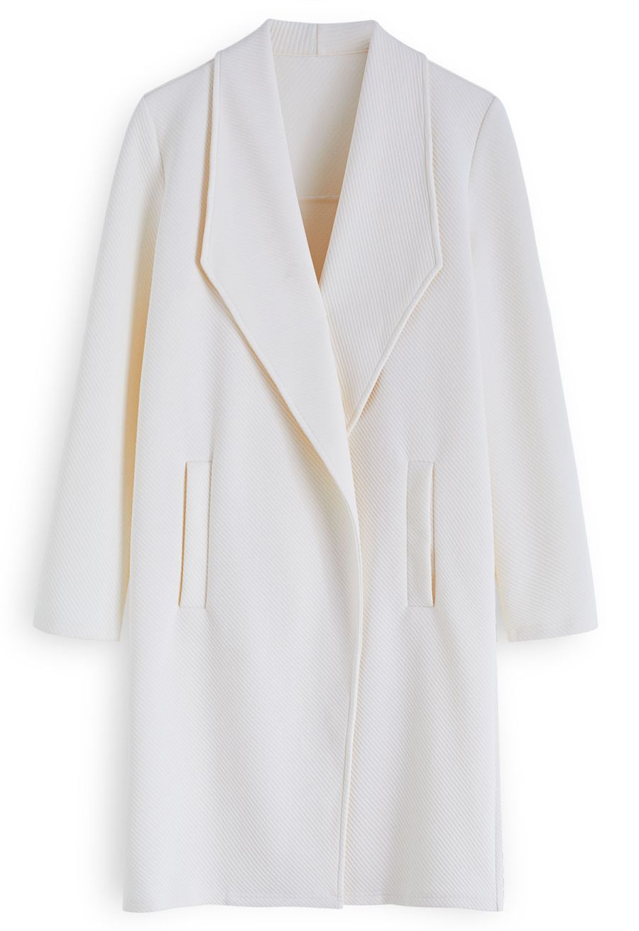Lapel Open Front Quilted Cotton-Blend Coat in Ivory