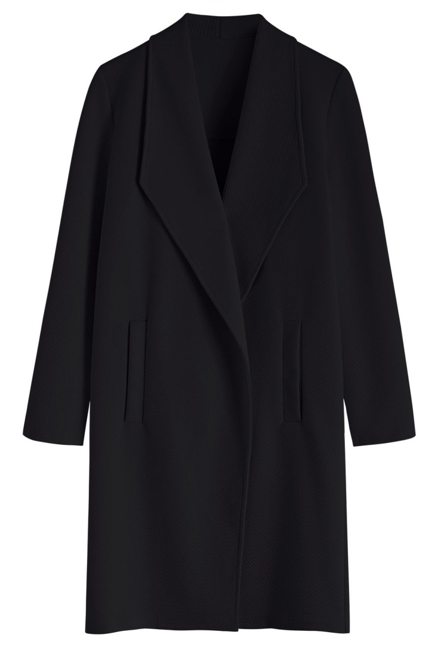 Lapel Open Front Quilted Cotton-Blend Coat in Black