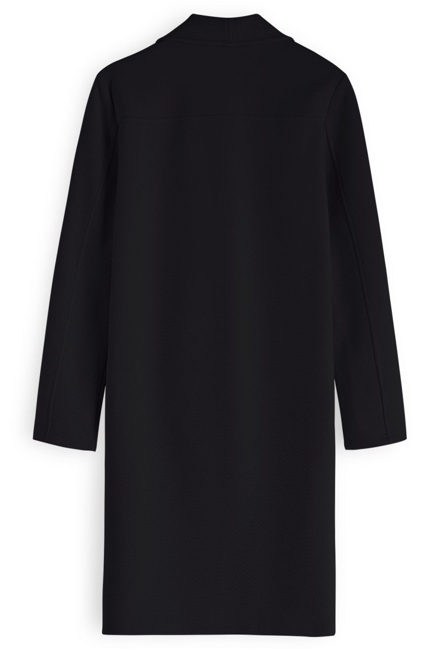 Lapel Open Front Quilted Cotton-Blend Coat in Black