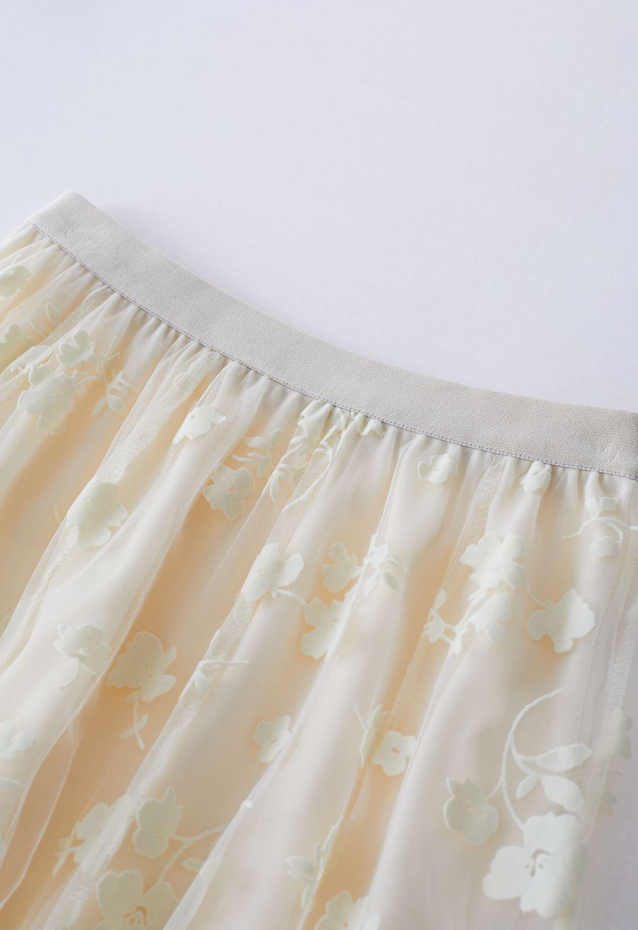 3D Posy Double-Layered Mesh Midi Skirt in Cream