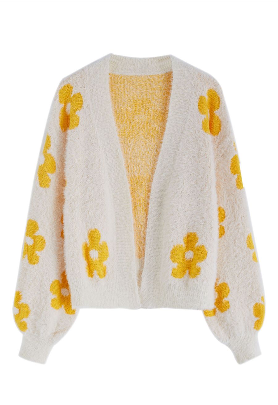 Cuteness Flowers Fuzzy Knit Cardigan in Ivory